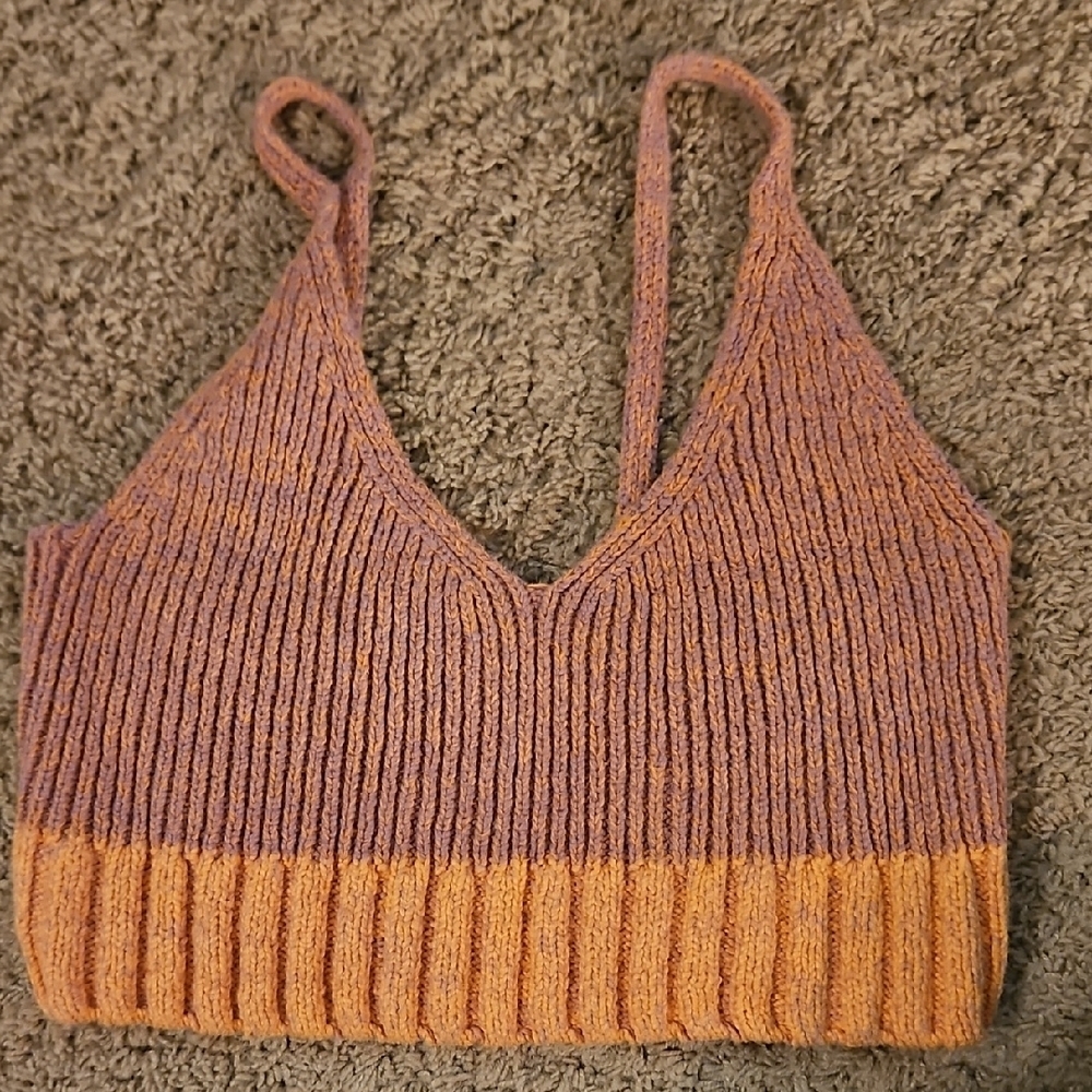 Free People Two-Tone Ribbed Knit Tank Top in Mauve and Peach